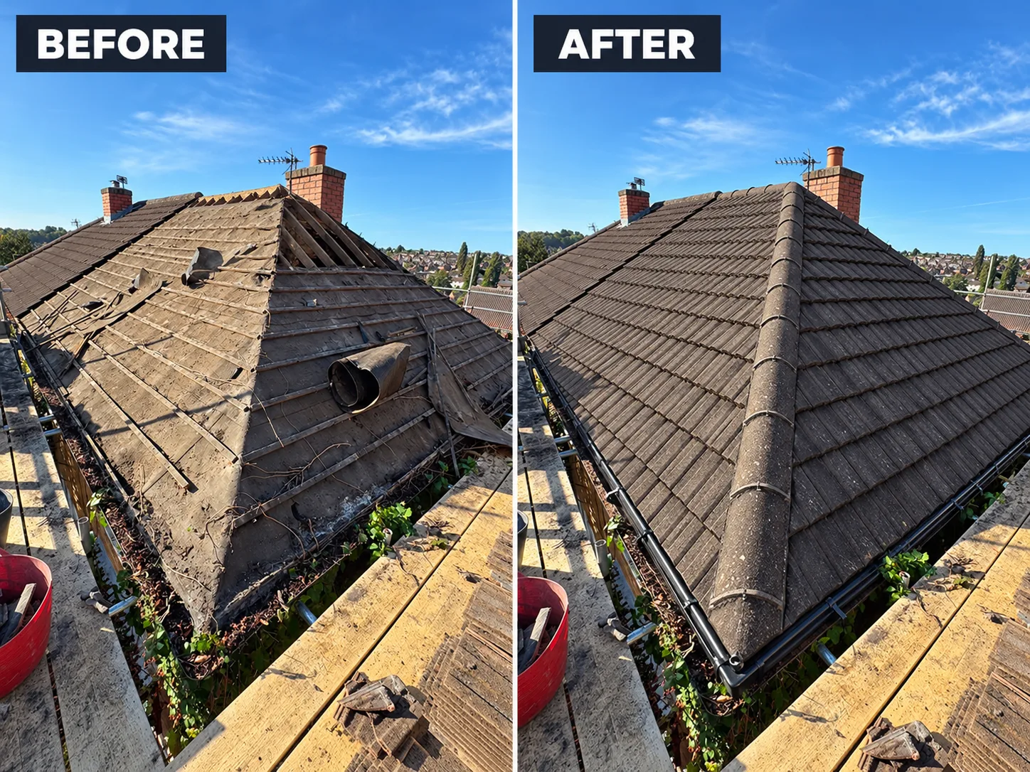 Before and after comparison of a roof renovation showing the scope of the work