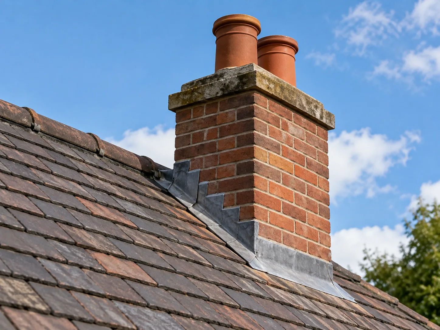 Repaired brick chimney and gable wall under an overcast Irish sky