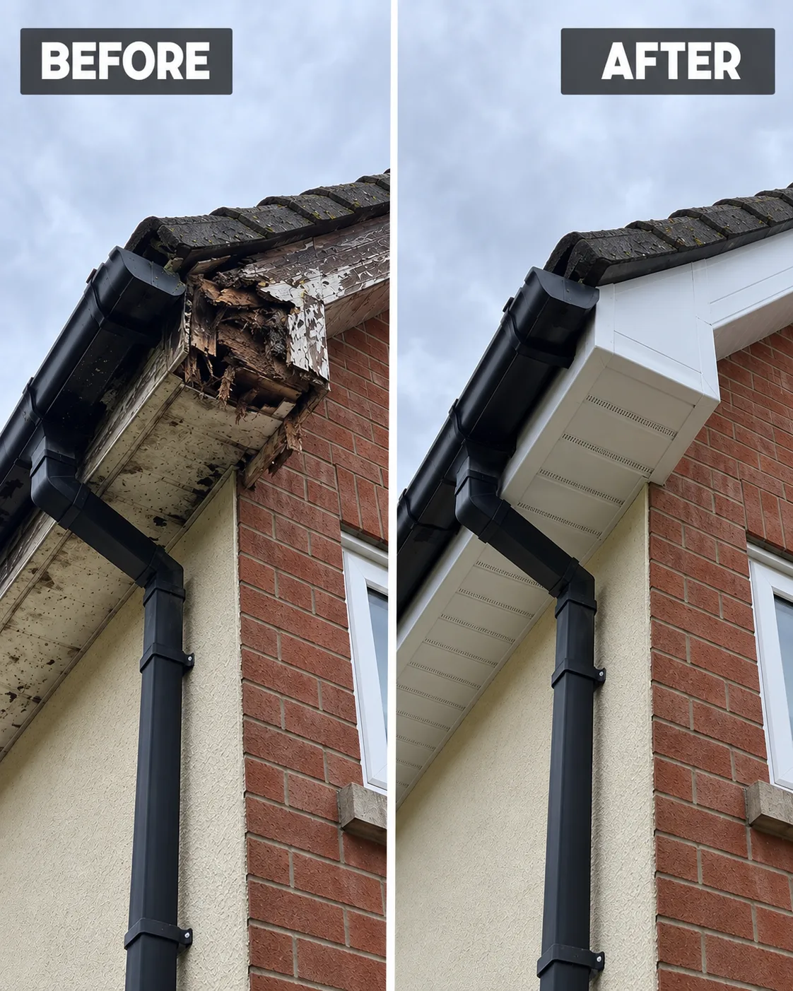 Before and after fascia board repair on a residential property showing rotten timber replaced with new white uPVC