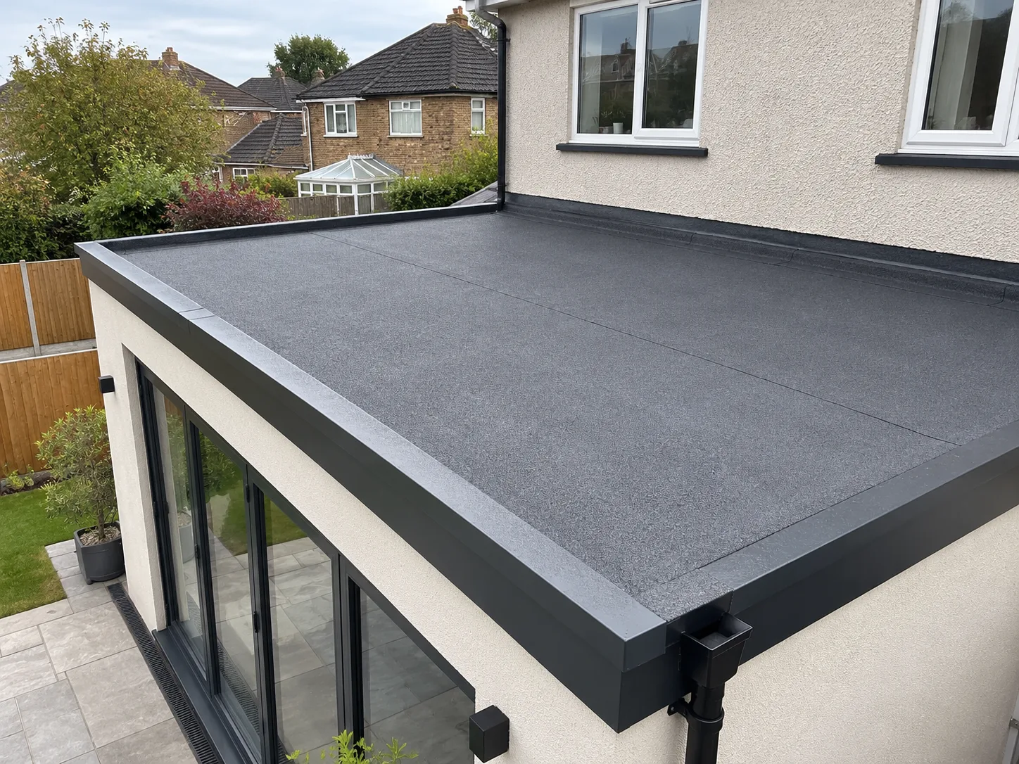 Modern flat roof on a suburban house extension, viewed from the garden