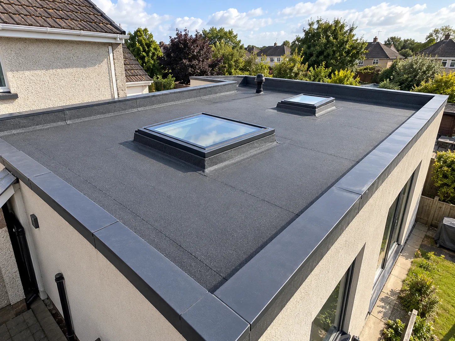 Modern flat roof with skylights on a residential extension