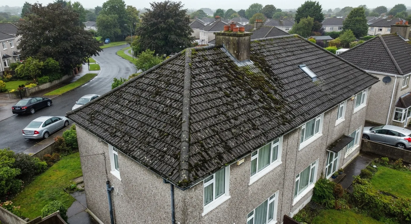 Before and after a roof renovation showing cleaned and re-coated tiles in good condition