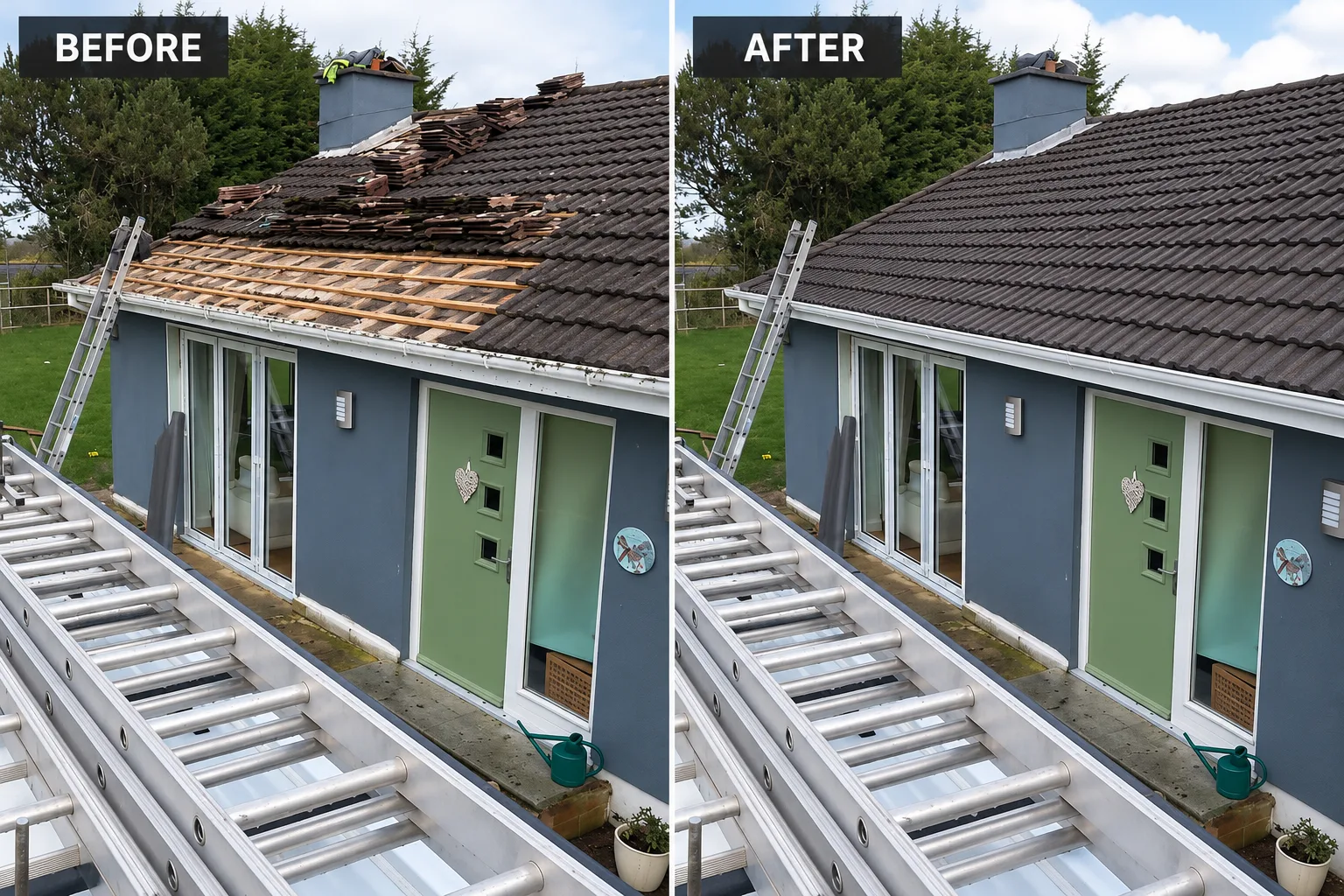 Before and after view of a roof repair showing replaced tiles on an Irish house