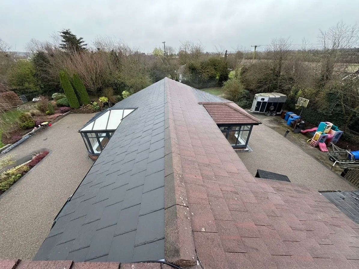 Before and after comparison of a roof renovation showing cleaned and restored tiles